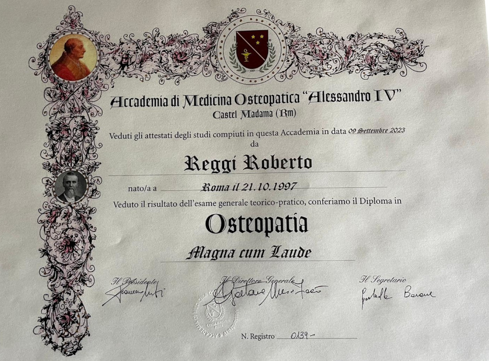 Attestato Accademia di Medicina Osteopatica Alessandro IV